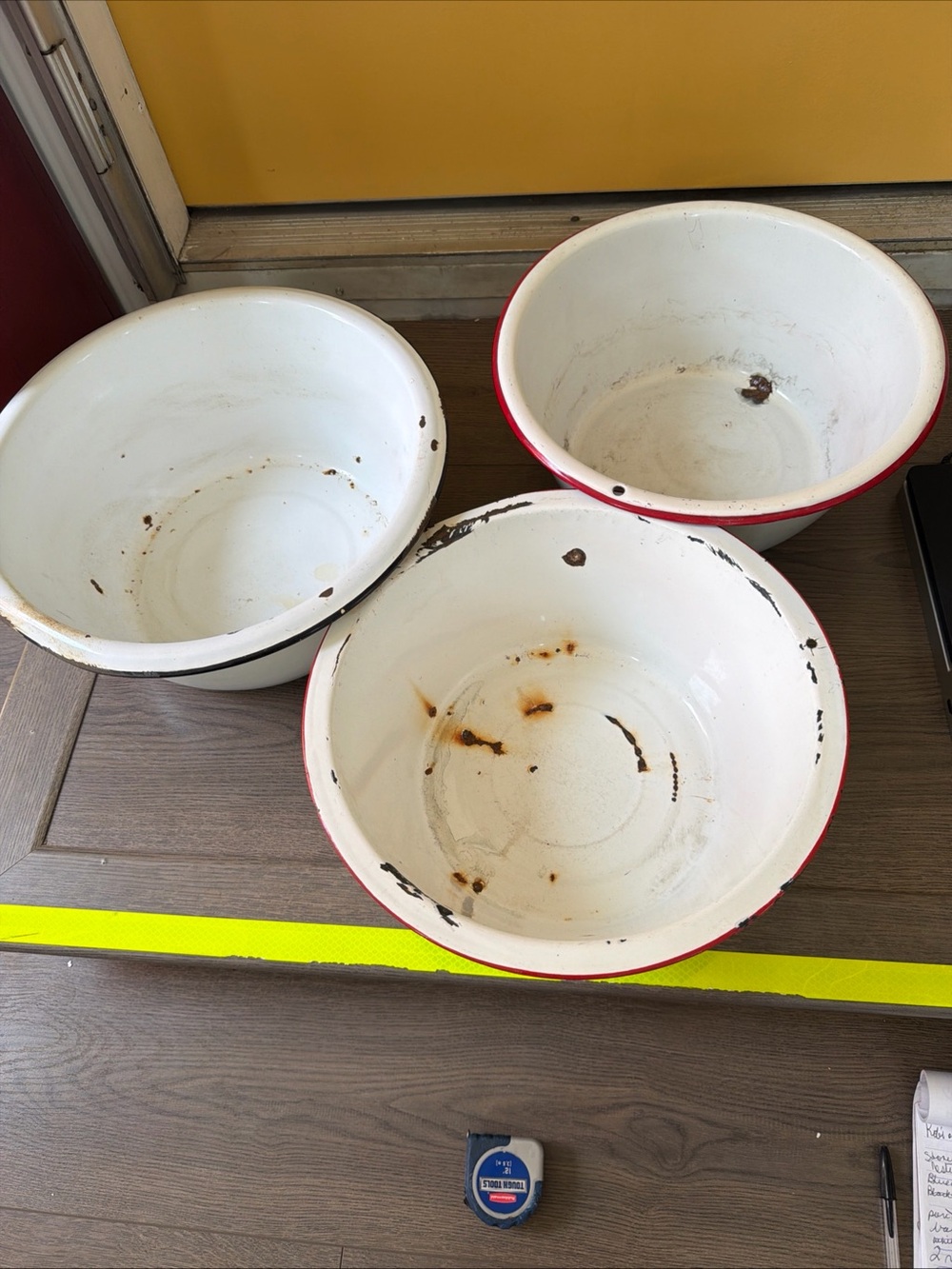 Vintage White Enamel Bowls with Red and Black Trim - Set of 3